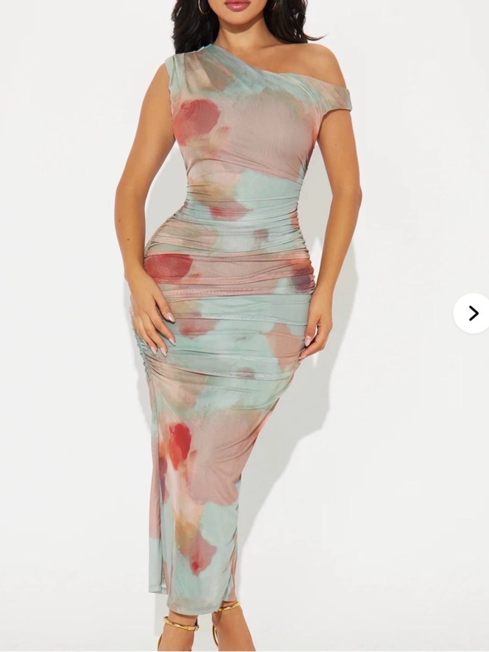 Fashion Nova One-Shoulder Watercolor Midi Dress in Mint and Coral